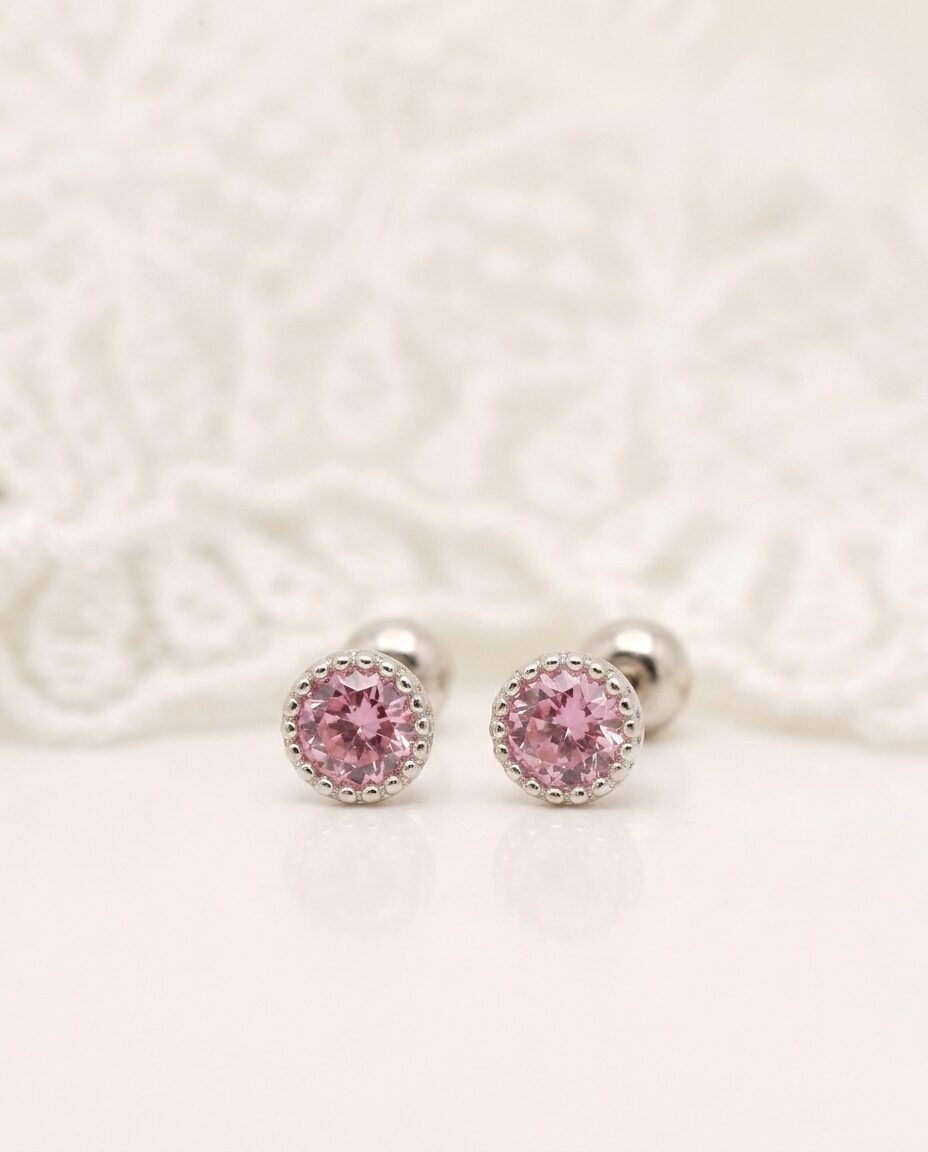 Arete Plata Bordes Calados Circón - Rosa