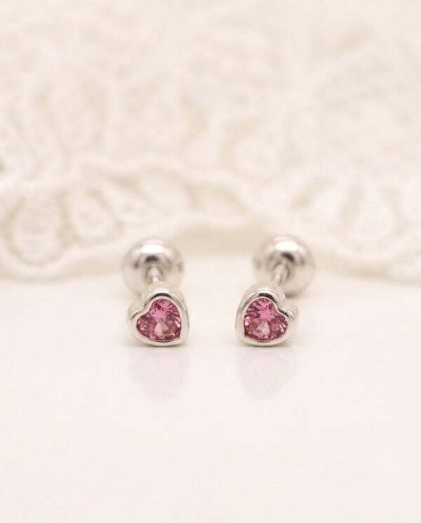 Arete Corazón Circón Borde Plata - Rosa