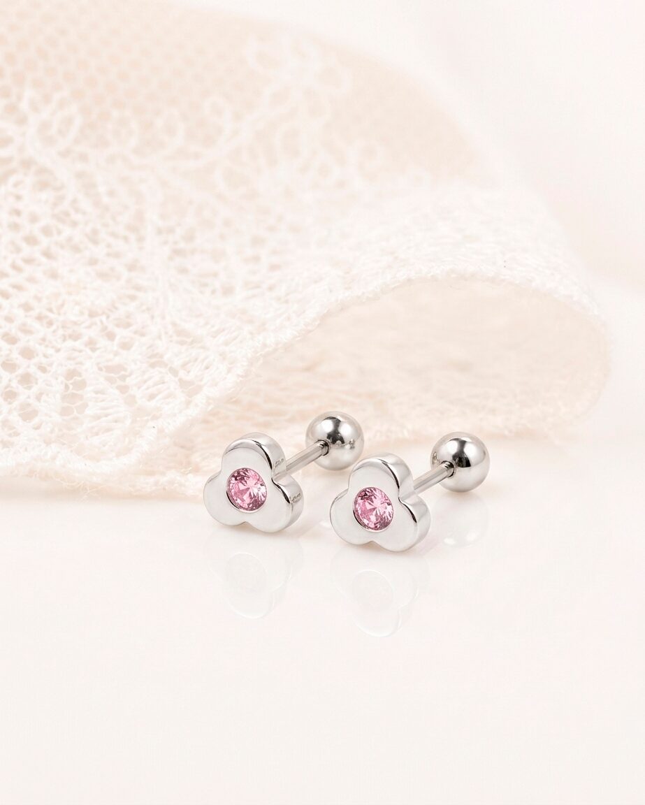 Arete Plata Flor 3 Petalos Circon Rosa