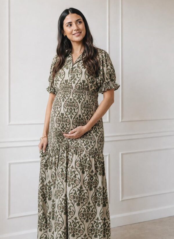 Maxi Vestido Panal Manga 3/4 Print Verde - My Bump